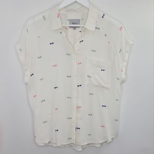 Rails Chase Whitney Sunnies Printed Button Front Collar Top White Chiffon